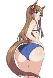 1girl :o absurdres alternate_costume ass ass_focus ass_support bikini blue_bikini blue_eyes breasts brown_hair chrono_genesis_(umamusume) closed_mouth commentary ear_ornament from_behind grass_wonder_(umamusume) grey_hair hands_on_own_ass highres horse_girl horse_tail huge_ass looking_at_viewer open_mouth purin_draw small_breasts smile solo swimsuit symbol-only_commentary tail umamusume