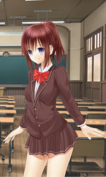 Rule 34 | 1girl, asahina akari, blouse, blue eyes, blush, bow, bowtie, brown hair, classroom, collared shirt, cowboy shot, desk, female focus, hosi-gaki, indoors, long sleeves, original, ponytail, red bow, red bowtie, school, school desk, school uniform, shirt, shitou (4h), short hair, skirt, smile, solo, standing, white shirt, zenra toukou school
