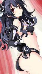 1girl ass bare_shoulders belly black_hair black_sister blush bodysuit breasts butt_crack detached_sleeves dress ears elbow_gloves gloves green_eyes hair_ornament hair_ribbon hairclip iwashi_dorobou_-r- long_hair looking_at_viewer midrff neptune_(series) nervous open_mouth power_symbol red_background red_eyes revealing_clothes ribbon small_breasts solo surprised thighs tsundere twintails two_side_up uni_(neptunia) unsure white_hair