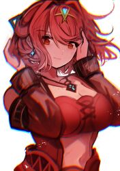 1girl bra breasts cleavage detached_sleeves highres large_breasts pyra_(xenoblade) red_bra red_eyes red_hair simple_background solo tarbo_(exxxpiation) tiara underwear upper_body white_background xenoblade_chronicles_(series) xenoblade_chronicles_2
