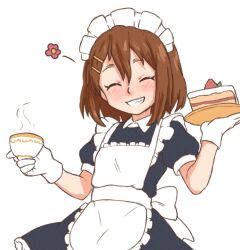 1girl alternate_costume apron beachepisode brown_hair cake cake_slice closed_eyes cup enmaided food gloves grin hair_ornament hairclip highres hirasawa_yui holding holding_cup holding_plate k-on! looking_at_viewer maid maid_apron maid_headdress parted_lips plate puffy_short_sleeves puffy_sleeves short_hair short_sleeves simple_background smile solo teacup teeth white_background white_gloves