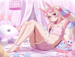1girl animal_ears anklet barefoot bed birdcage blush cage canopy_bed closed_mouth eyebrows_hidden_by_hair eyewear_on_head flat_chest from_side full_body hair_between_eyes hair_ornament highres jacket jewelry looking_at_viewer medium_hair navel novelty_glasses on_bed pajamas phase_connect pink_hair pink_shorts pipkin_pippa pout purple_eyes rabbit_ears rabbit_girl reilong shorts solo stomach stuffed_animal stuffed_toy toes virtual_youtuber
