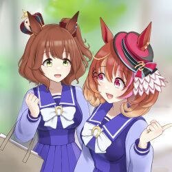 Rule 34 | animal ears, aston machan (umamusume), bag, blurry, blurry background, bow, breasts, brown hair, crown, ear piercing, green eyes, hair ornament, hairclip, hat, hat ornament, highres, holding, holding bag, horse ears, horse girl, impossible clothes, large breasts, mini crown, mini hat, multicolored eyes, multicolored hair, north flight (umamusume), open mouth, piercing, purple serafuku, school uniform, serafuku, short hair, side ponytail, umamusume, white bow, yamano boriko