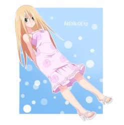 00s alternate_color blonde_hair blush dress ekra feet green_eyes highres komori_kiri long_hair sandals sayonara_zetsubou_sensei solo