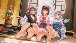 3girls :d amane_kanata amane_kanata_(new_year) azki_(hololive) barefoot blue_eyes brown_hair casino_(casinoep) chopsticks colored_inner_hair cup eating feet floral_print floral_print_kimono food foot_focus full_body grey_hair hair_bun hat holding holding_chopsticks holding_food hololive indoors long_sleeves mochi mochi_trail multicolored_hair multiple_girls open_mouth paid_reward_available pink_hair pink_hat print_kimono purple_eyes red_eyes sakamata_chloe sakamata_chloe_(new_year) sakazuki single_side_bun sitting smile virtual_youtuber