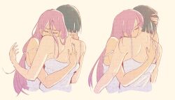 2girls alien_stage black_hair closed_eyes commentary dreamsyndd dress english_commentary highres hug kiss kissing_neck long_hair mizi_(alien_stage) multiple_girls pink_hair short_hair sleeveless sleeveless_dress strap_slip sua_(alien_stage) white_dress yuri