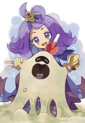 1girl acerola_(pokemon) bracelet commentary_request creatures_(company) double_v game_freak gen_7_pokemon highres jewelry looking_at_viewer medium_hair nintendo open_mouth pokemon pokemon_(creature) pokemon_sm purple_eyes purple_hair sand sandygast shovel smile v white_background yunme