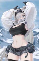 1girl absurdres animal_ears arknights arms_up aurora_(arknights) aurora_(elite_ii)_(arknights) bear_ears belt black_hairband black_tank_top blue_eyes blue_sky breasts cleavage commentary cowboy_shot crop_top day grey_hair grey_shorts hair_over_one_eye hairband highres large_breasts long_hair long_sleeves looking_at_viewer midriff mildt mountain navel outdoors pouch short_shorts shorts shrug_(clothing) sky solo standing stomach tank_top thigh_strap thighs very_long_hair