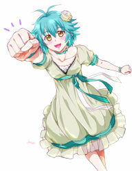 1girl ahoge bow bow_choker breasts choker clenched_hand double-parted_bangs dress eiyuu_densetsu flower green_ribbon hair_between_eyes hair_flower hair_ornament looking_at_viewer medium_breasts millium_orion open_mouth raised_fist ribbon sen_no_kiseki sen_no_kiseki_(series) sen_no_kiseki_iv short_hair sideburns smile solo wristband xiacheng_tatsuya yellow_eyes