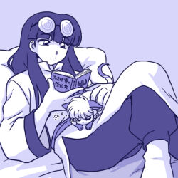 1boy book closed_eyes glasses mousse_(ranma_1/2) petting pillow purple_background ranma_1/2 reading shampoo_(cat) sleeping wanta_(futoshi)