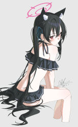 1girl absurdres animal_ear_fluff animal_ears bare_arms bare_legs bare_pectorals bare_shoulders between_legs bikini bikini_skirt black_bikini black_hair blue_archive blue_ribbon blush cat_ears cat_girl closed_mouth commentary english_commentary frilled_bikini frills from_side hair_between_eyes hair_ribbon hand_between_legs highres long_hair looking_at_viewer official_alternate_costume pectorals qtian red_eyes ribbon serika_(blue_archive) serika_(swimsuit)_(blue_archive) sidelocks solo swimsuit twintails