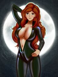 1girl biker_clothes bikesuit black_bodysuit bodysuit breasts brown_eyes cleavage female_focus full_moon highres j.d._thunderhawk large_breasts long_hair looking_at_viewer lupin_iii mine_fujiko moon navel no_bra orange_hair smile solo standing