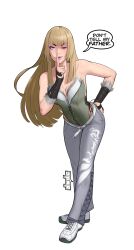 1girl bare_shoulders blonde_hair blue_eyes breasts cleavage denim dude-doodle emilie_de_rochefort english_text hand_on_own_ass jeans lips long_hair looking_at_viewer namco one_eye_closed pants shoes sleeveless tekken tekken_5_(dark_resurrection) wink