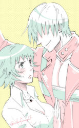 1boy 1girl allie_(united_f) artist_name black_hair coat dante_(devil_may_cry) devil_may_cry devil_may_cry_(series) devil_may_cry_3 green_eyes hair_over_eyes heterochromia jewelry kabedon lady_(devil_may_cry) necklace no_shirt red_coat red_eyes shirt smile sweatdrop white_hair white_shirt yellow_background