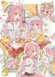 2girls ^_^ artist_request bag belt black_belt black_ribbon blue_background blue_bow blue_bowtie blue_hat blue_sky blush border bow bowl bowtie brown_eyes buttons child choker chopsticks closed_eyes cloud collared_dress curry curtains day dress eating elbows_on_table flower food frilled_shirt frilled_sleeves frills hair_ribbon hat head_only head_wreath holding holding_bowl holding_chopsticks holding_napkin holding_wreath indoors infinity_nikki jacket kneeling lips long_hair long_sleeves low_twintails medium_skirt multiple_girls multiple_views nikki_(nikki) nikki_(series) off-shoulder_shirt off_shoulder open_clothes open_jacket open_mouth outside_border pink_choker pink_hair pink_lips pink_skirt plate pleated_skirt puffy_long_sleeves puffy_sleeves rainbow ribbon rice_bowl rubber_duck second-party_source see-through_soles shining_nikki shirt short_hair short_twintails shoulder_bag single_stripe sitting skirt sky sleeves_past_wrists smile snowflake_print spoken_smile squiggle string_of_flags striped_choker teeth time_paradox tress_ribbon twintails very_long_hair white_border white_dress white_flower white_shirt window yellow_jacket