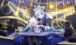 1girl ahoge animal_ear_hairband animal_ears artist_request bear_ears black_pantyhose blue_eyes blue_hair blue_hairband blue_skirt blunt_bangs bow braid crescent crescent_hair_ornament fake_animal_ears feet_out_of_frame flower frilled_hairband frilled_skirt frilled_sleeves frills full_moon hair_bow hair_flower hair_ornament hairband hairpin holding holding_stuffed_toy jewelry lens_flare long_hair looking_at_viewer moon night night_sky official_alternate_costume official_alternate_hairstyle official_art pantyhose rabbit_ear_hairband rabbit_ears ring scaffolding show_by_rock!! sitting skirt sky smile solo sparkle speaker stage star_(symbol) star_ornament stuffed_animal stuffed_rabbit stuffed_toy teddy_bear third-party_source tsukino_(show_by_rock!!) twin_braids