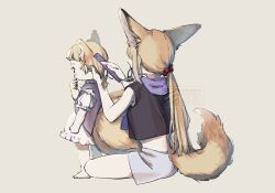 2girls aged_down animal_ears arknights barefoot black_shirt blonde_hair blush brown_background brushing_another&#039;s_hair brushing_hair child comb cropped_shirt dress fox_ears fox_tail from_behind full_body grey_shorts hair_tie_in_mouth highres holding holding_another&#039;s_hair holding_comb kitsune kyuubi long_hair low_ponytail medium_hair midriff mother_and_daughter mouth_hold multiple_girls multiple_tails niwatori_(akira_207) ponytail puffy_short_sleeves puffy_sleeves purple_vest shirt short_shorts short_sleeves shorts simple_background sitting standing suzuran_(arknights) tail thumb_sucking vest vulpisfoglia_(arknights) white_dress