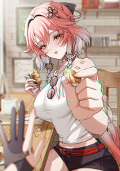 2girls ahoge alternate_costume bare_shoulders black_bow black_gloves black_shorts blurry blurry_background blurry_foreground body_markings bow braid breasts bright_pupils changli_(wuthering_waves) chromatic_aberration collarbone commentary_request eyewear_hang female_rover_(wuthering_waves) food foreshortening gloves hair_bow hair_extensions hair_intakes hair_ornament heavy_chromatic_aberration highres holding holding_food indoors large_breasts light_blush looking_at_viewer midriff multicolored_hair multiple_girls navel open_mouth partially_fingerless_gloves pink_hair pov pov_hands ring_hair_extensions rover_(wuthering_waves) shirt shorts sitting smile sunglasses twin_braids two-tone_hair unworn_eyewear uriuritei white_hair white_pupils white_shirt wuthering_waves yellow_eyes