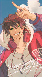 1boy black_hair blue_jacket blue_sky character_name chromatic_aberration closed_eyes cloud collarbone dated english_text facing_viewer floating_clothes grin hair_between_eyes happy_birthday headphones headphones_around_neck hood hood_down hoodie hypnosis_mic index_finger_raised inset_border jacket jacket_over_hoodie jewelry letterman_jacket male_focus mole mole_under_eye multicolored_jacket red_jacket ring senzankou25 short_hair sky smile solo teeth two-tone_jacket upper_body v-shaped_eyebrows white_hoodie wispy_bangs yamada_ichiro zipper