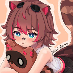 Rule 34 | 1girl, animal ears, bandaid, bandaid on face, bandaid on nose, bare arms, black bandaid, black shorts, blue eyes, blush, bright pupils, brown hair, colored tips, commentary request, fang, goggles, goggles on head, highres, hug, hugging object, indie virtual youtuber, isai salazar, looking at viewer, midriff, multicolored hair, orange background, outline, parted lips, raccoon ears, raccoon girl, raccoon tail, rakkun sutaru, red hair, shirt, shorts, sleeveless, sleeveless shirt, spanish commentary, stuffed animal, stuffed toy, tail, twitter username, virtual youtuber, white pupils, white shirt