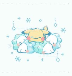 blue_eyes blush closed_eyes closed_mouth gen_1_pokemon gen_8_pokemon lying nintendo no_humans pikachu pokemon pokemon_(creature) smile snom temariame14 twitter_username wavy_mouth white_background