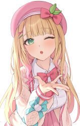 1girl :o beret blonde_hair blush bow breasts cardigan commentary cross_in_eye green_eyes hair_ornament hand_up hat highres ikoi_momoa long_hair long_sleeves looking_at_viewer one_eye_closed open_cardigan open_clothes open_mouth pink_bow pink_hat pink_skirt propro_production shirt simple_background skirt solo teti upper_body virtual_youtuber white_background white_shirt x_hair_ornament yellow_cardigan