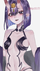 1girl absurdres bare_shoulders blush breasts eyeliner fate/grand_order fate_(series) headpiece highres horns japanese_clothes kimono long_sleeves looking_at_viewer makeup navel oni open_mouth pointy_ears purple_eyes purple_hair purple_kimono revealing_clothes shuten_douji_(fate) skeymd skin-covered_horns small_breasts solo