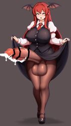 1futa absurdres ahegao bat_wings black_shoes black_skirt black_vest breasts censored clothes_lift cum curvy demon_wings erection female_orgasm full_body futanari head_wings highres huge_breasts huge_penis huge_testicles koakuma long_hair long_sleeves mary_janes necktie orgasm pantyhose penis penis_in_pantyhose peso_(cheese_company) red_eyes red_hair shirt shoes sidelocks skirt skirt_lift skirt_set solo standing testicles touhou vest wide_hips wings