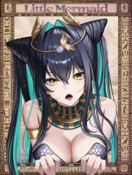 Rule 34 | 1girl, alternate costume, ancient egyptian clothes, black hair, breasts, character name, cleavage, commentary, goddess of victory: nikke, green hair, hair intakes, hieroglyphics, highres, large breasts, little mermaid (nikke), long hair, multicolored hair, noneu03, open mouth, solo, teeth, tiara, twintails, two-tone hair, upper body, very long hair, yellow eyes