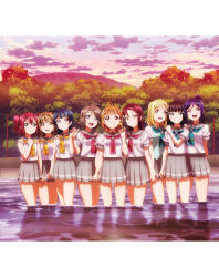 6+girls ahoge aqua_eyes artbook black_hair blonde_hair blue_eyes blue_hair braid brown_hair cloud grey_hair grey_skirt hair_bun hair_ornament hairclip hand_on_another&#039;s_shoulder high_ponytail highres holding_hands kunikida_hanamaru kurosawa_dia kurosawa_ruby long_hair looking_at_viewer love_live! love_live!_sunshine!! matsuura_kanan miniskirt mole mole_under_mouth multiple_girls neckerchief non-web_source official_art ohara_mari open_mouth orange_hair outdoors pleated_skirt ponytail purple_eyes purple_hair red_eyes red_hair sakurauchi_riko school_uniform serafuku shirt short_hair short_sleeves skirt sky smile standing summer_uniform sunset takami_chika tie_clip tree tsushima_yoshiko twintails two_side_up uranohoshi_school_uniform wading watanabe_you water white_shirt yellow_eyes