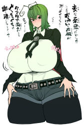 1girl alternate_body_size alternate_costume antennae belt black_belt black_leggings breasts cape covered_erect_nipples curvy denim denim_shorts gigantic_breasts green_hair hands_on_own_thighs highres leggings long_sleeves motion_lines pout puffy_cheeks shirt shorts sidelocks solid_circle_pupils solo spacezin studded_belt thick_thighs thighs touhou translation_request white_shirt wide_hips wing_collar wriggle_nightbug