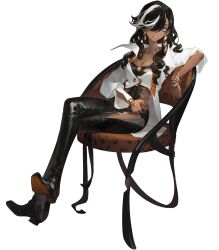 Rule 34 | 1girl, black hair, black pants, black shoes, bracelet, centurion (reverse:1999), chair, crossed legs, dark-skinned female, dark skin, earrings, highres, jacket, jewelry, long hair, looking at viewer, multicolored hair, necklace, official art, on chair, pants, reverse:1999, shoes, side slit, sitting, smile, solo, streaked hair, tachi-e, third-party source, transparent background, unzipped, wavy hair, white jacket, zipper