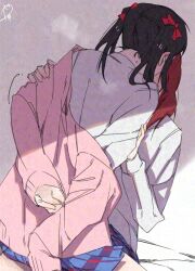 2girls adversarial_noise black_hair blue_skirt bow cardigan commentary hair_bow hand_on_another&#039;s_arm hashtag-only_commentary highres implied_kiss long_sleeves love_live! love_live!_school_idol_project medium_hair multiple_girls nishikino_maki otonokizaka_school_uniform pink_cardigan plaid_clothes plaid_skirt pleated_skirt red_bow red_hair school_uniform shirt sitting sitting_on_lap sitting_on_person skirt surfacedxxc twintails white_shirt yazawa_nico yuri