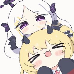 &gt;3&lt; &gt;_&lt; 2girls :&lt; :o animated animated_gif black_gloves black_halo black_ribbon blonde_hair blue_archive blush_stickers chibi closed_eyes closed_mouth collared_shirt commentary_request demon_girl demon_horns gloves hair_ribbon halo headpat hina_(blue_archive) horns ibuki_(blue_archive) long_hair looping_animation multiple_girls neck_ribbon open_mouth parted_bangs purple_eyes red_ribbon ribbon shirt simple_background umihio v-shaped_eyebrows white_background white_hair white_shirt yellow_halo