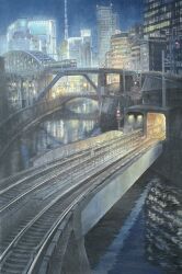 0zolvut2323nyus absurdres ad akihabara_(tokyo) billboard bridge building city fine_art_parody highres lamppost light manseibashi night night_sky nihonga original painting_(medium) parody railroad_tracks reflection reflective_water river road shadow sky skyscraper traditional_media train tunnel watercolor_(medium)