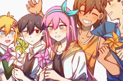 Rule 34 | 1girl, 4boys, :d, ^ ^, antenna hair, aubrey (faraway) (omori), aubrey (omori), bailan1130, bare arms, bare shoulders, basil (faraway) (omori), basil (omori), black eyes, black hair, black shirt, black sweater vest, blue eyes, blue hairband, blue sweater, blush, bow hairband, brother and sister, brothers, brown hair, closed eyes, closed mouth, collarbone, colored skin, dark-skinned male, dark skin, double-parted bangs, green sweater vest, grin, hair behind ear, hair between eyes, hairband, hands up, hero (faraway) (omori), hero (omori), heterochromia, highres, holding, holding pinwheel, jacket, kel (faraway) (omori), kel (omori), long hair, looking at object, multiple boys, omori, open clothes, open jacket, open mouth, orange tank top, pink hair, pinwheel, sailor collar, shirt, short sleeves, siblings, sidelocks, sideways mouth, simple background, smile, straight hair, sunny (omori), sweater, sweater vest, tank top, tongue, upper body, white background, white eyes, white jacket, white shirt, yellow sailor collar