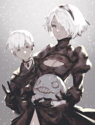 Rule 34 | 1boy, 1girl, 1other, 2b (nier:automata), 9s (nier:automata), black dress, black gloves, black hairband, black jacket, blue eyes, breasts, cleavage, cleavage cutout, clothing cutout, cowboy shot, dress, emil (nier), feather trim, gloves, grey background, hair between eyes, hair over one eye, hairband, highres, jacket, juliet sleeves, kazama raita, light smile, long sleeves, medium breasts, mole, mole under mouth, nier:automata, nier (series), parted lips, pendant choker, puffy sleeves, short hair, side slit, teeth, turtleneck, turtleneck dress, v, white eyes, white hair