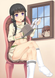 10s 2girls :o artistic_error bad_feet black_hair blunt_bangs blush botan_m braid brown_eyes brown_hair crossed_legs feet hand_on_window implied_masturbation kantai_collection kitakami_(kancolle) kitakami_kai_ni_(kancolle) long_hair midriff multiple_girls navel no_shoes ooi_(kancolle) open_mouth personification pleated_skirt polishing purple_eyes school_uniform serafuku ship_turret sitting skirt socks voyeurism window