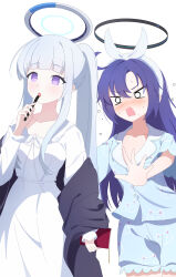 2girls absurdres animal_print blue_archive blue_pajamas blue_shirt blue_shorts blush book cat_print collarbone commentary dress fortysansan hairband halo highres holding holding_book holding_pen long_hair mechanical_halo multiple_girls noa_(blue_archive) noa_(pajamas)_(blue_archive) o_o open_mouth pajamas pen ponytail purple_eyes purple_hair shirt shorts simple_background white_background white_dress white_hair white_hairband white_pajamas yuuka_(blue_archive) yuuka_(pajamas)_(blue_archive)