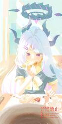 1girl absurdres alternate_costume black_shirt blue_archive blush bread bread_slice demon_girl demon_horns food food_in_mouth hair_ornament hairclip highres hina_(blue_archive) holding holding_food horns long_hair neckerchief parted_bangs purple_eyes shirt sidelocks solo toast upper_body white_hair yamaharu_(xxzf7284) yellow_collar yellow_neckerchief