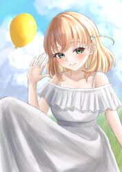 1girl absurdres alternate_costume balloon bare_shoulders blush closed_mouth cloud collarbone commentary dress frilled_dress frills grass green_eyes hand_up highres hinoshita_kaho link!_like!_love_live! long_dress looking_at_viewer love_live! off-shoulder_dress off_shoulder on_ground open_hand outdoors ponyou1030 sitting smile solo sundress virtual_youtuber white_dress