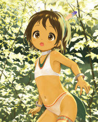 1girl black_hair blush bracelet brown_eyes child choker feather_hair_ornament female_focus flat_chest hair_ornament jewelry nature navel open_mouth original outdoors short_hair solo tamerai_zero tan tareme thigh_strap tribal