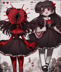 1girl absurdres bag before_and_after bow bowtie brown_dress brown_hair carnivorous_plant center_frills collar collared_dress colored_skin dress eldritch_abomination fangs frills gestart333 goth_fashion gothic_lolita handbag heart highres horror_(theme) lolita_fashion mary_janes medium_dress monster multiple_views original pantyhose pink_bag puffy_short_sleeves puffy_sleeves red_bow red_bowtie red_ribbon red_skin ribbon shoes short_sleeves smile thighhighs white_collar white_thighhighs