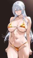 1girl ak-15_(girls&#039;_frontline) anakasakas bikini blush breasts collarbone dark_background girls&#039;_frontline gold_bikini golden_week golden_week_bikini grey_hair hair_over_one_eye highres large_breasts long_hair navel one_eye_covered purple_eyes satin_bikini solo swimsuit