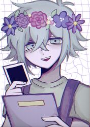 1boy :d antenna_hair bags_under_eyes basil_(headspace)_(omori) basil_(omori) black_overalls book chromatic_aberration crossed_bangs double-parted_bangs film_grain fingernails flower flower_wreath green_shirt grey_eyes grey_hair grid_background hair_between_eyes halftone hands_up head_wreath highres holding holding_book holding_photo leaf looking_at_viewer male_focus omori open_mouth overalls photo_(object) pink_flower pink_rose purple_flower purple_rose rose shirt short_sleeves simple_background smile solo t-shirt teeth u_donburi upper_body upper_teeth_only white_background