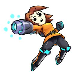 Rule 34 | 1girl, arm cannon, armor, armored boots, belt, belt buckle, black belt, black eyes, black gloves, black leggings, black pants, boots, breasts, brown hair, buckle, clenched hand, clenched hands, cosplay, dress, full body, gloves, greaves, hand up, holding, holding weapon, jaggy lines, knee boots, leg up, leggings, long sleeves, looking at viewer, medium breasts, medium hair, mii (nintendo), mii gunner, mii gunner (smash 4), minuspal, neon trim, nintendo, open mouth, orange sweater, outstretched arm, pants, pantyhose, parted bangs, shiny clothes, short hair, sidelocks, simple background, solo, super smash bros., sweater, teeth, transparent background, v-shaped eyebrows, weapon, white background