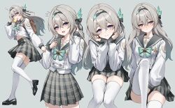 Rule 34 | !, 1girl, bag, black bow, black hairband, black shoes, blue pupils, blush, bow, bowtie, bread, bread slice, breasts, brown bag, buttons, closed mouth, collarbone, commentary, double-breasted, english commentary, firefly (honkai: star rail), firefly (spring missive) (honkai: star rail), food, food in mouth, gradient hair, green background, green bow, green bowtie, green hair, grey hair, grey sailor collar, grey skirt, hair between eyes, hair bow, hairband, hand up, hands up, highres, honkai: star rail, honkai (series), invisible chair, knee up, loafers, long hair, long sleeves, looking at viewer, lunacle, mouth hold, multicolored hair, multiple views, notice lines, open mouth, plaid clothes, plaid skirt, pleated skirt, purple eyes, sailor collar, school bag, shirt, shoes, simple background, sitting, skirt, small breasts, smile, thighhighs, thighs, toast, toast in mouth, white shirt, white thighhighs, zettai ryouiki