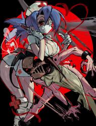 2girls black_background black_nails blood blue_hair breasts brown_hair cleavage cuffs eyepatch gloves half-closed_eyes hat heart kabu_(1076_kabu) large_breasts latex latex_gloves leaning_forward leg_wrap long_hair looking_at_another mask motion_blur motion_lines mouth_mask multiple_girls nail_(hardware) nurse_cap painwheel_(skullgirls) ponytail red_background shackles skullgirls surgical_mask syringe valentine_(skullgirls)