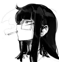 1girl ahoge borrowed_character cigarette doppel_(bonnypir) ear_piercing freckles fuku_oni greyscale jimiko messy_hair monochrome original piercing simple_background white_background