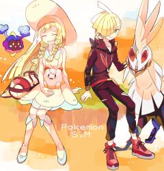 1boy 1girl bag black_pants blonde_hair braid brother_and_sister clefairy closed_eyes commentary_request cosmog dress duffel_bag gen_1_pokemon gen_7_pokemon gladion_(pokemon) green_eyes hair_over_one_eye hat highres hood hood_down hoodie legendary_pokemon lillie_(pokemon) long_hair long_sleeves nagatsukiariake nintendo open_mouth pants poke_ball_theme pokemon pokemon_(creature) pokemon_sm short_hair siblings silvally sitting sleeveless sleeveless_dress stuffed_toy sun_hat torn_clothes torn_pants twin_braids white_dress white_hat